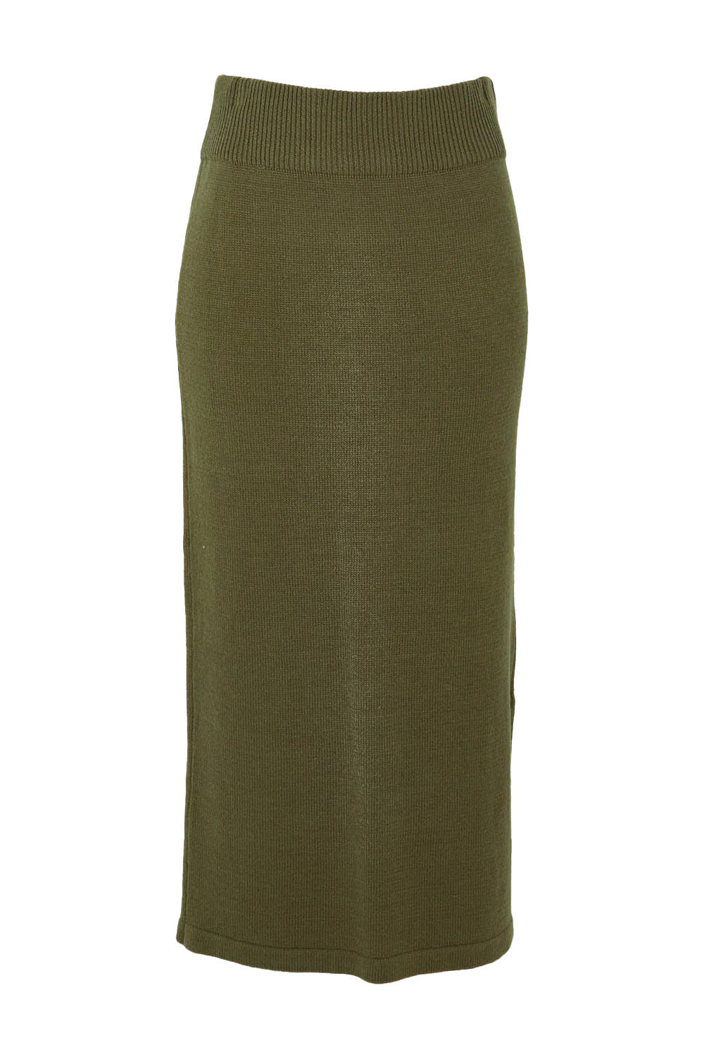Product shot of the Knit Pick Pull On Skirt in colour Khaki (Green), from the front