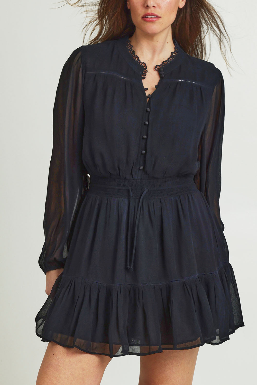 Model Jane wearing size 14 of the Take Me With You Dress in colour Black (Black), from the front, cropped image