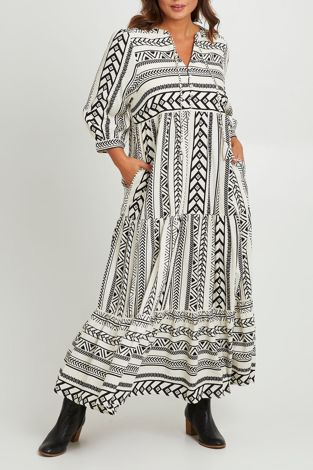 Model Monique wearing size 14 of the Forever Favourite Cotton Maxi Dress in colour Blackstrip, from the front, cropped image