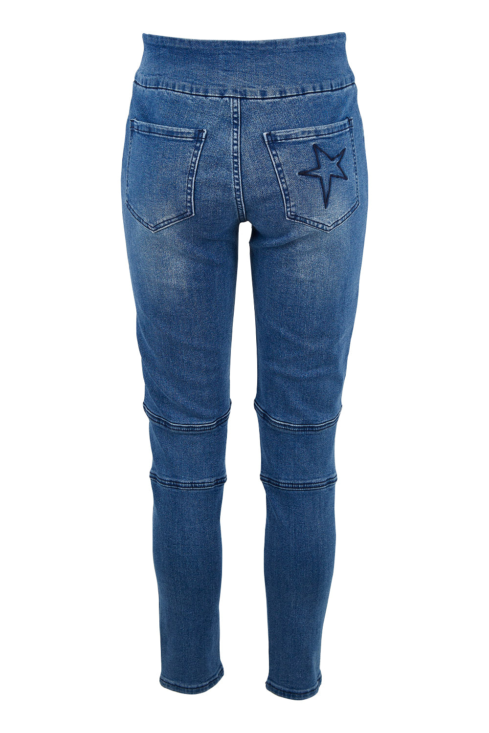 Product shot of the Wild Plains Flat Front Stitch Jeggings in colour Denim (Blue), from the back