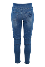 Product shot of the Wild Plains Flat Front Stitch Jeggings in colour Denim (Blue), from the back