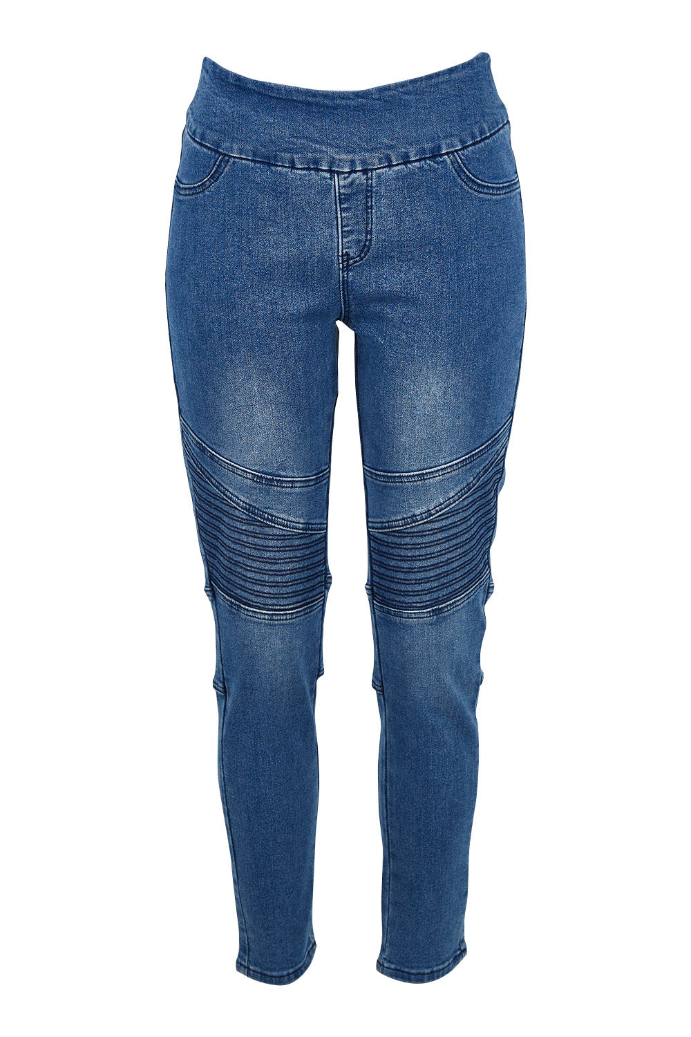 Product shot of the Wild Plains Flat Front Stitch Jeggings in colour Denim (Blue), from the front