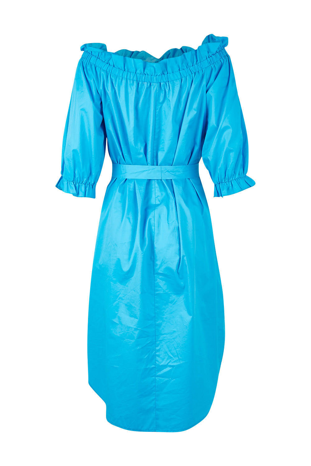 Product shot of the Good Vibes Off Shoulder Cotton Dress in colour Bluerad (Blue), from the back