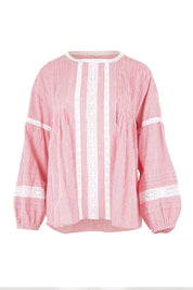 Product shot of the At My Best Button Back Blouse – Redstripe in colour Redstripe, from the front
