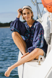 Model Tegan wearing size 10 of the My Happiness Embroidered Blouse in colour Navycombo (Blue), from the front, showing the whole outfit
