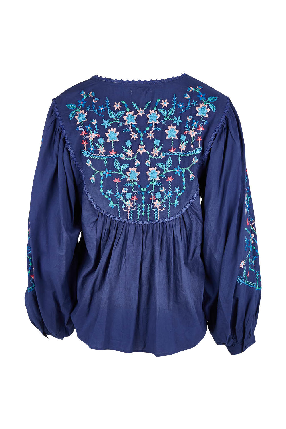 Product shot of the My Happiness Embroidered Blouse in colour Navycombo (Blue), from the back