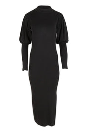 Product shot of the Day Or Night Balloon Sleeve Dress in colour Black (Black), from the front