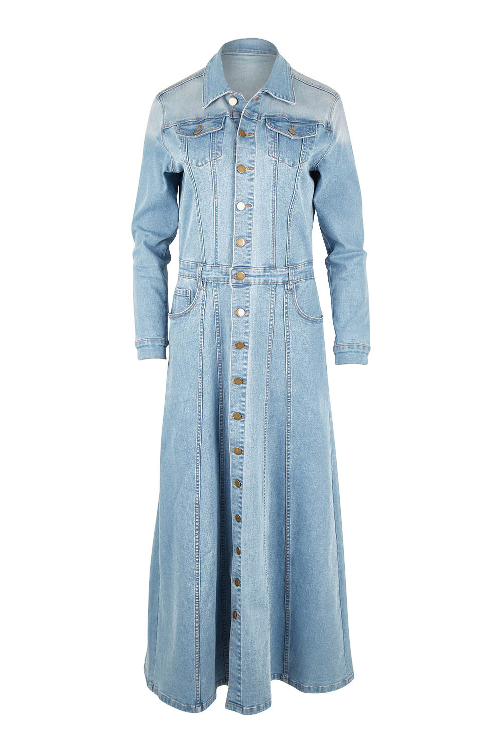 Product shot of the Calamity Denim Maxi Dress in colour Denim (Blue), from the front