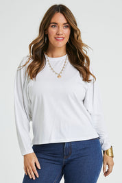 Model Laura wearing size 14 of the Ive Got This Top in colour White (White), from the front, cropped image