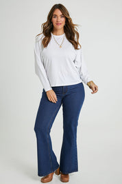 Model Laura wearing size 14 of the Ive Got This Top in colour White (White), from the front, showing the whole outfit