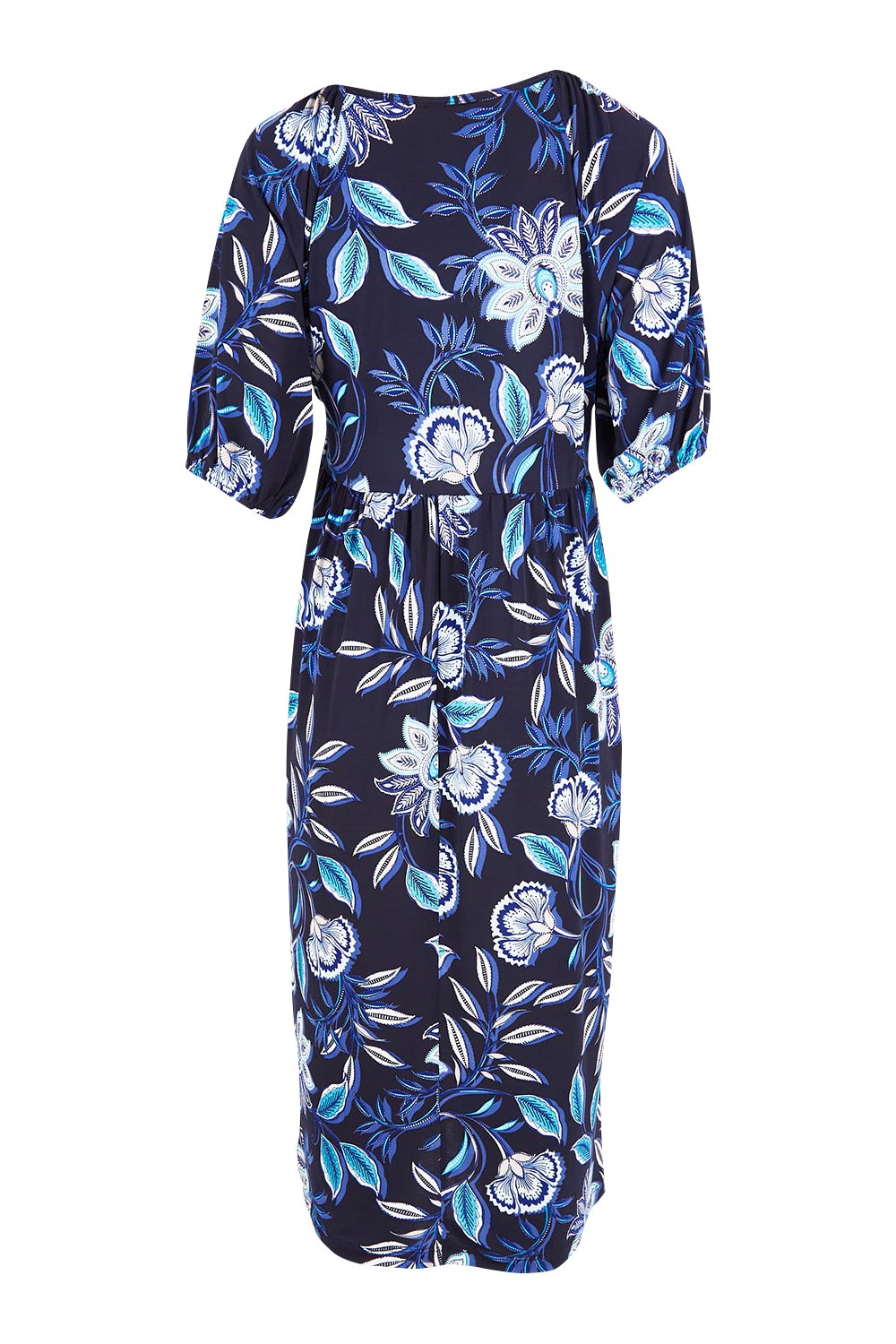 Product shot of the Can Go Everywhere Dress in colour Navyfleur (Blue), from the back