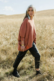 Model Tegan wearing size 10 of the Olivia Always Vegan Leather Pant in colour Black (Black), from the front, showing the whole outfit