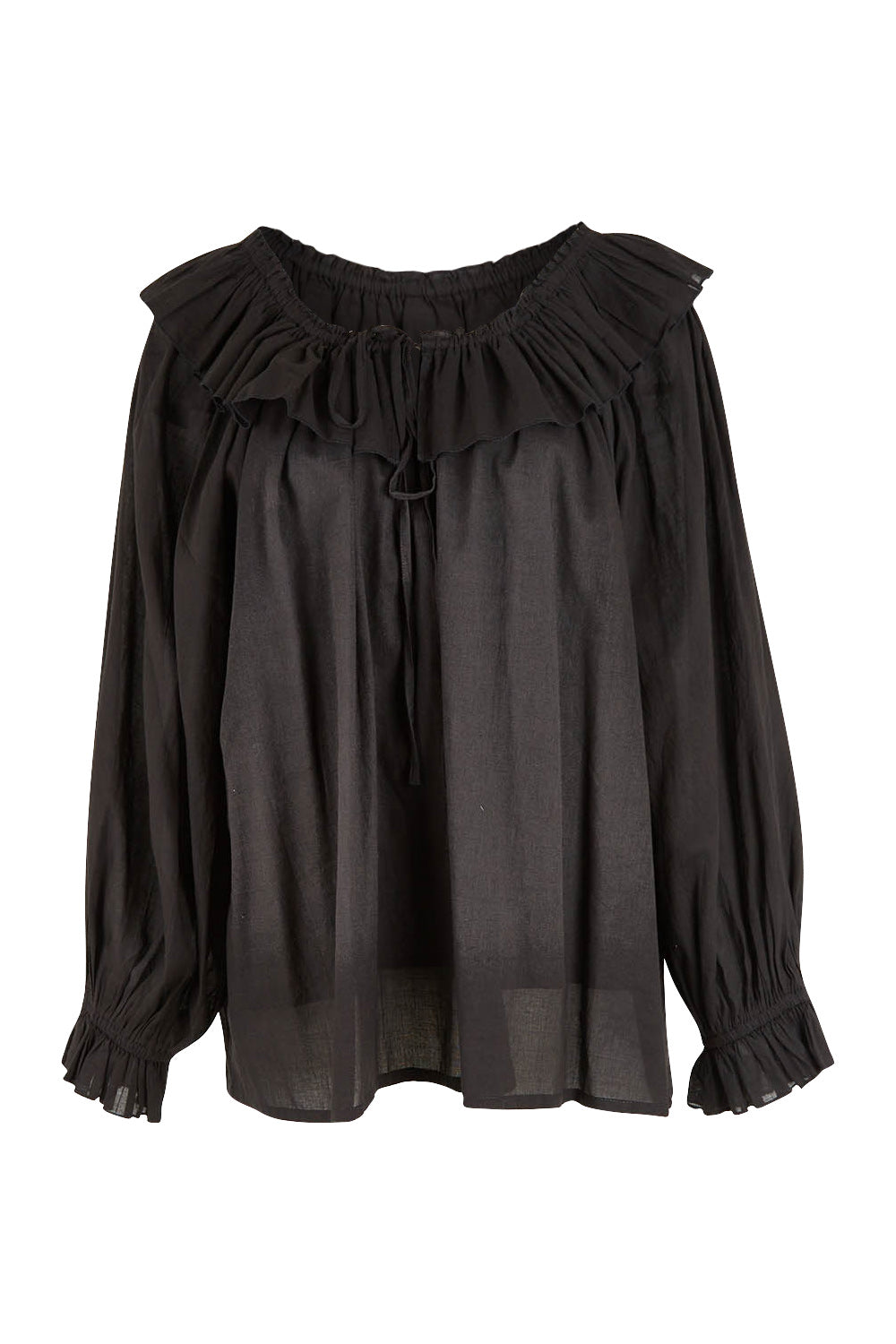 Product shot of the Date Night Cotton Ruffle Top in colour Black (Black), from the front