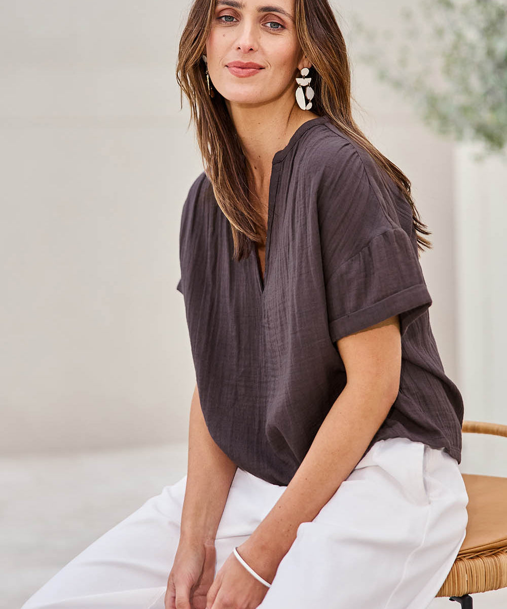 Model Tegand wearing size 10 of the Every Other Day Cotton Blouse – Chocolate in colour Chocolate, in a cropped view