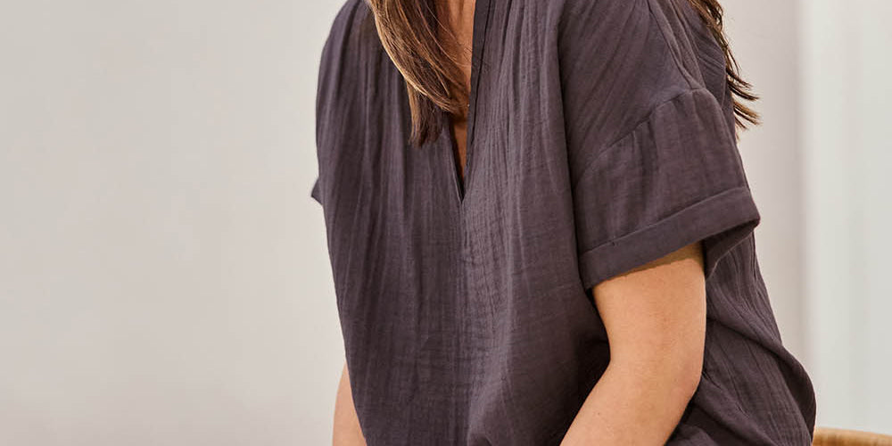 Model Tegand wearing size 10 of the Every Other Day Cotton Blouse – Chocolate in colour Chocolate, in a cropped view