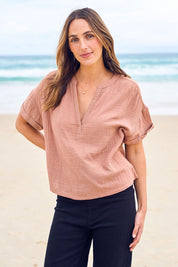 Model Tegan wearing size 10 of the Every Other Day Cotton Blouse in colour Mousse, from the front, showing the whole outfit