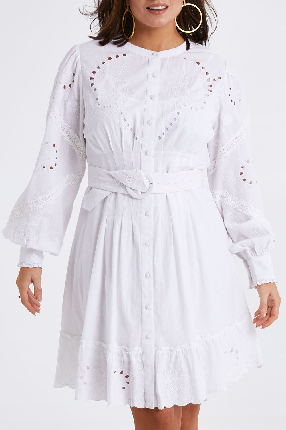 Model Monique wearing size 14 of the One Fine Day Dress in colour White (White), from the front, cropped image