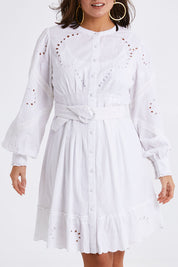 Model Monique wearing size 14 of the One Fine Day Dress in colour White (White), from the front, cropped image