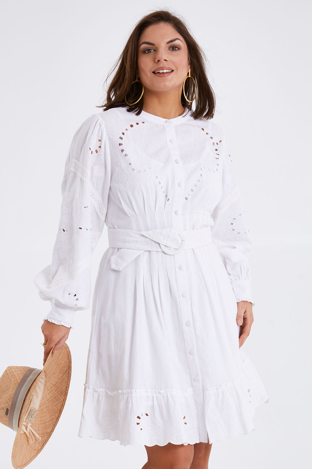 Model Monique wearing size 14 of the One Fine Day Dress in colour White (White), from the front, cropped image