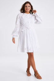 Model Monique wearing size 14 of the One Fine Day Dress in colour White (White), from the front, showing the whole outfit