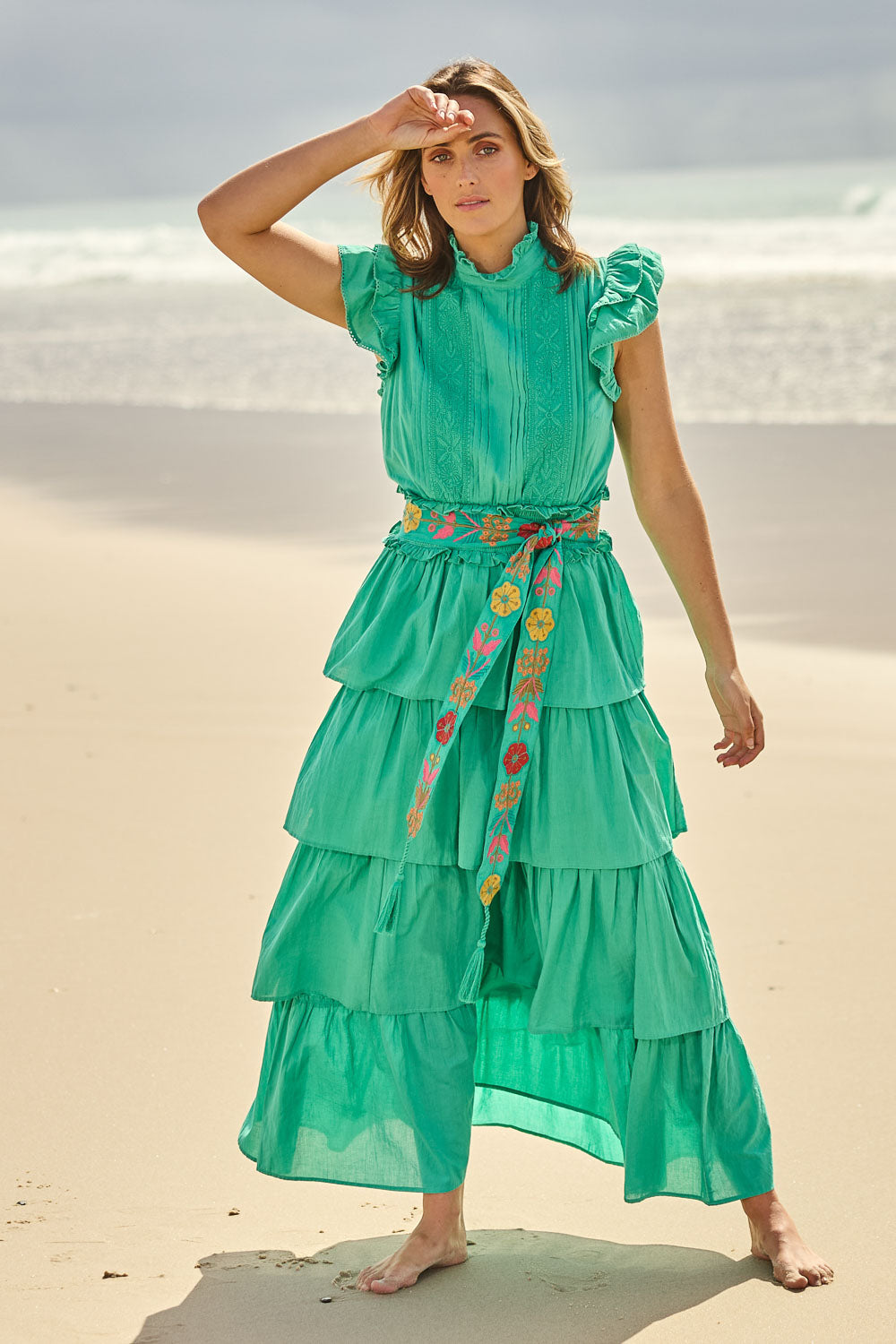 Model Tegan wearing size 10 of the Perfect Dream Cotton Maxi Dress in colour Emerald (Green), from the front, showing the whole outfit