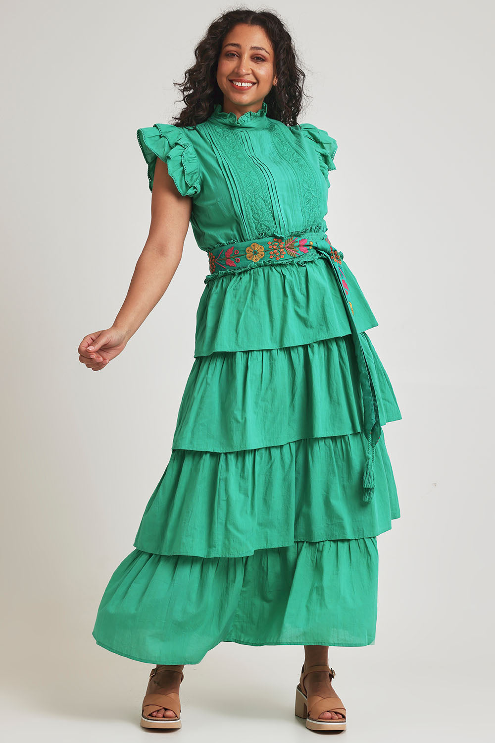 Model Terri-Leigh wearing size 14 of the Perfect Dream Cotton Maxi Dress in colour Emerald (Green), from the front, showing the whole outfit