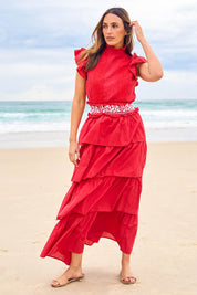 Model Tegan wearing size 10 of the Perfect Dream Cotton Maxi Dress in colour Red (Red), from the front, showing the whole outfit
