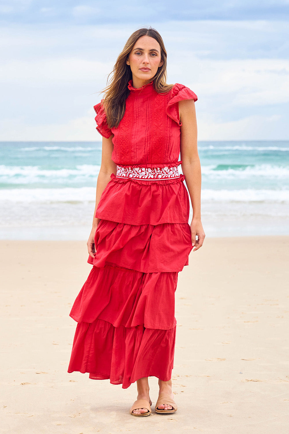 Model Tegan wearing size 10 of the Perfect Dream Cotton Maxi Dress in colour Red (Red), from the front, showing the whole outfit