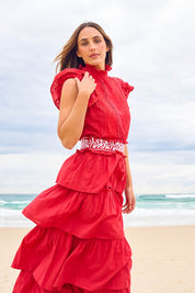 Model Tegan wearing size 10 of the Perfect Dream Cotton Maxi Dress in colour Red (Red), from the front, showing the whole outfit