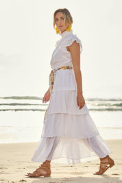 Model Tegan wearing size 10 of the Perfect Dream Cotton Maxi Dress in colour White (White), from the front, showing the whole outfit