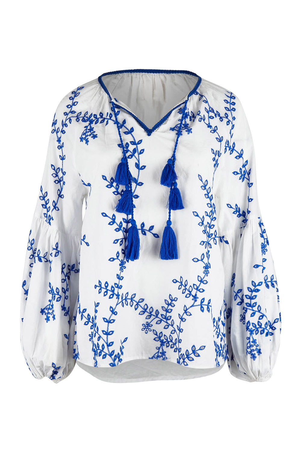 Product shot of the Feel My Vibe Embroidered Blouse in colour Whiteblue (White), from the front