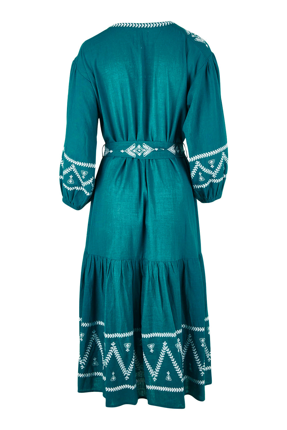 Product shot of the Spring Fling Embroidered Dress in colour Jade (Green), from the back