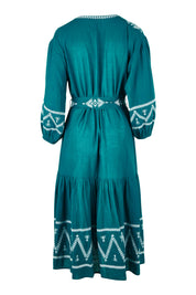 Product shot of the Spring Fling Embroidered Dress in colour Jade (Green), from the back