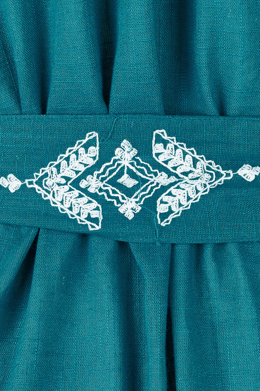 Product shot of the Spring Fling Embroidered Dress in colour Jade (Green), detail