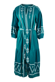 Product shot of the Spring Fling Embroidered Dress in colour Jade (Green), from the front