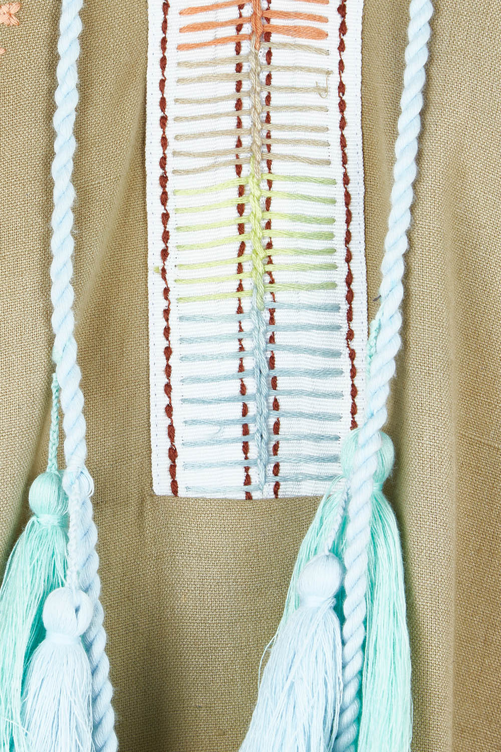 Product shot of the Now And Then Embroidered Tunic Dress in colour Khaki, detail