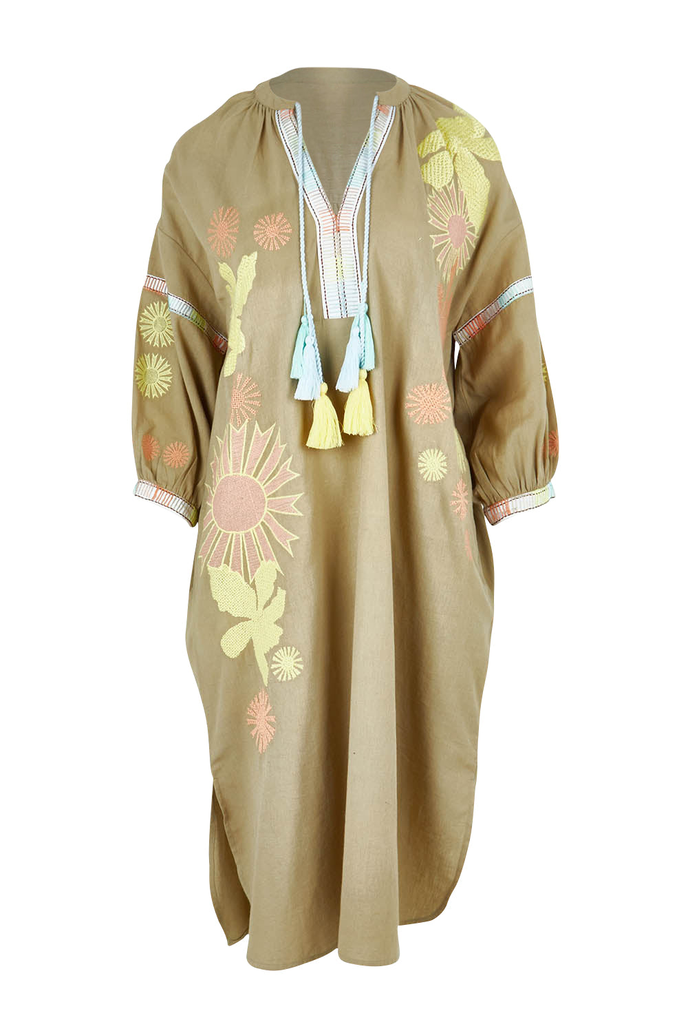 Product shot of the Now And Then Embroidered Tunic Dress in colour Khaki, from the front
