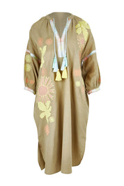 Product shot of the Now And Then Embroidered Tunic Dress in colour Khaki, from the front