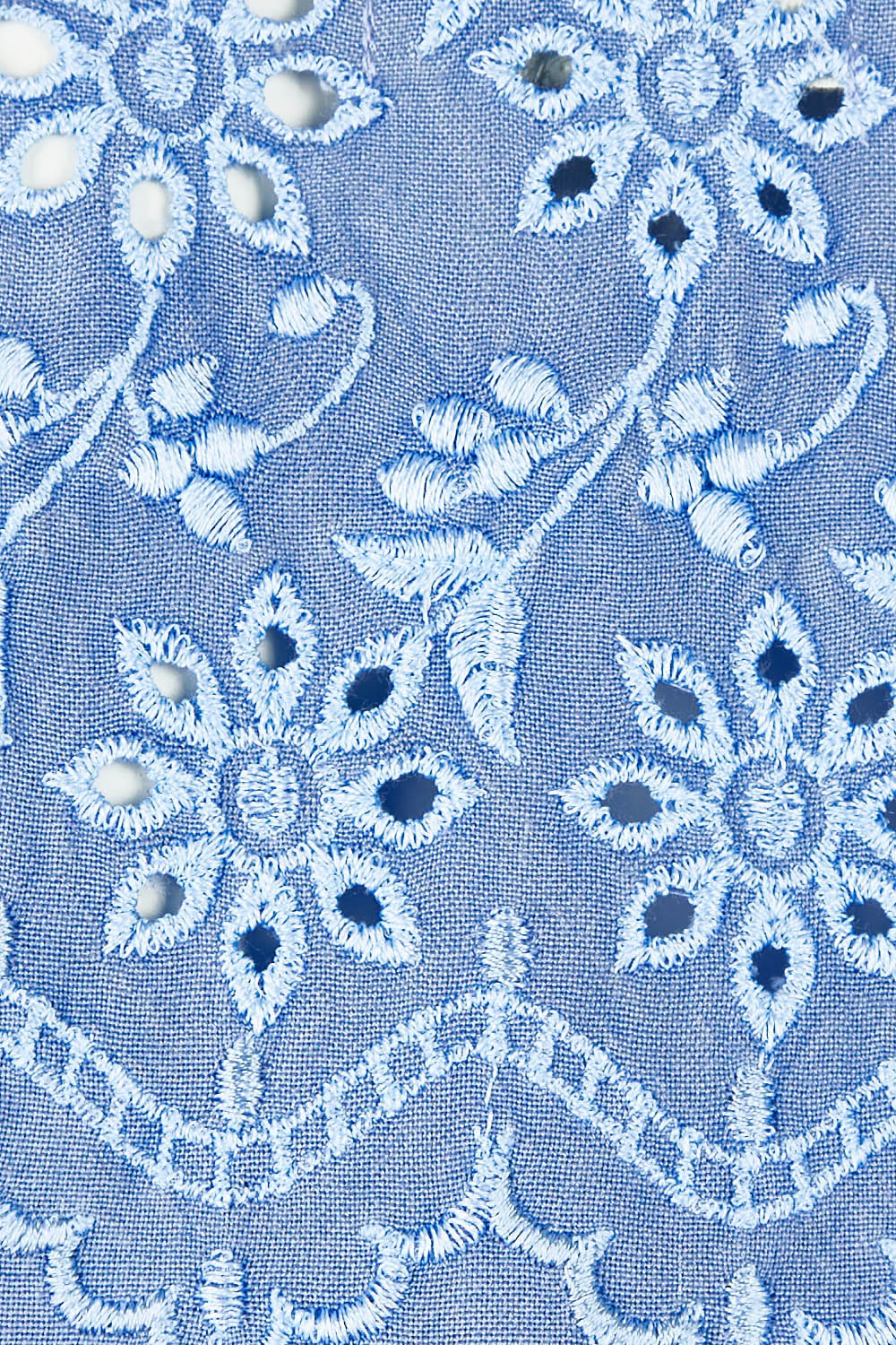 Product shot of the Floral Fields Embroidered Top in colour Chambray (Blue), detail