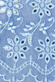 Product shot of the Floral Fields Embroidered Top in colour Chambray (Blue), detail