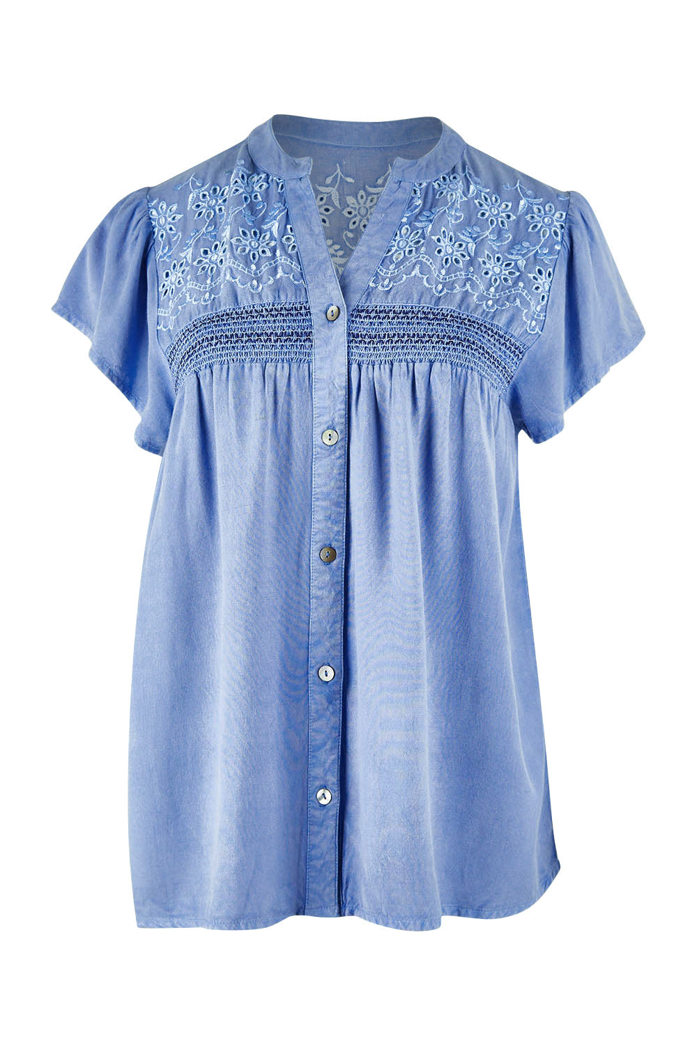 Product shot of the Floral Fields Embroidered Top in colour Chambray (Blue), from the front