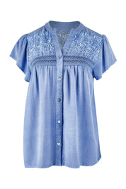 Product shot of the Floral Fields Embroidered Top in colour Chambray (Blue), from the front