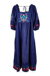 Product shot of the Picnic In The Fields Embroidered Dress in colour Navycombo (Blue), from the front