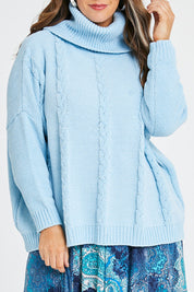 Model Laura wearing size L of the Hold Me In Your Arms Chenille Sweater in colour Iceblue (Blue), from the front, cropped image