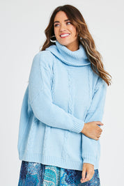 Model Laura wearing size L of the Hold Me In Your Arms Chenille Sweater in colour Iceblue (Blue), from the front, cropped image