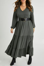 Model Laura wearing size 14 of the Tiered Delight Bamboo Dress in colour Combat (Green), from the front, cropped image