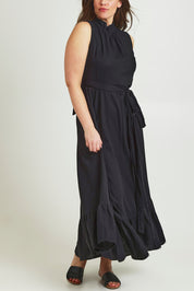 Model Jane wearing size 10 of the La Dolce Vita Back Wrap Maxi in colour Black (Black), from the front, cropped image