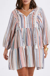 Model Monique wearing size 14 of the Easy Day Yarn Dyed Cotton Dress in colour Stripe (White), from the front, cropped image