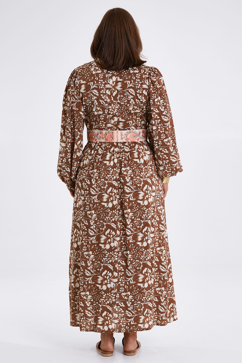 Model Monique wearing size 14 of the Feel Good Friday Dress in colour Hazelnut (White), from the back