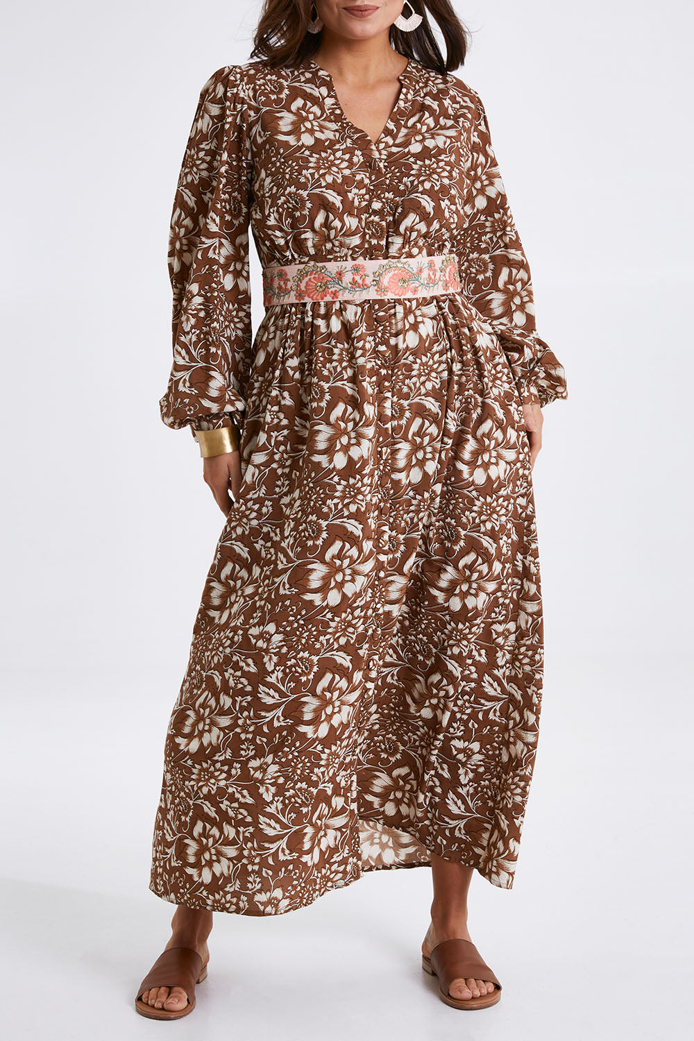 Model Monique wearing size 14 of the Feel Good Friday Dress in colour Hazelnut (White), from the front, cropped image